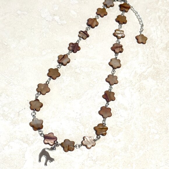 Caramel Mother of Pearl Flower Beaded Short Necklace + Cute Slim Cat Pendant - Picture 5 of 13